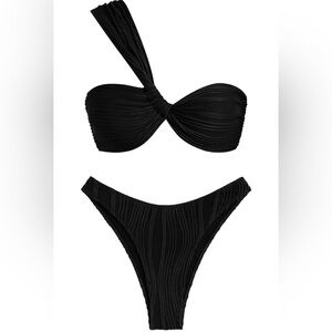 NWT ZAFUL Black One Shoulder Twisted Ruched High Cut Bikini 2-Pc Women’s M
